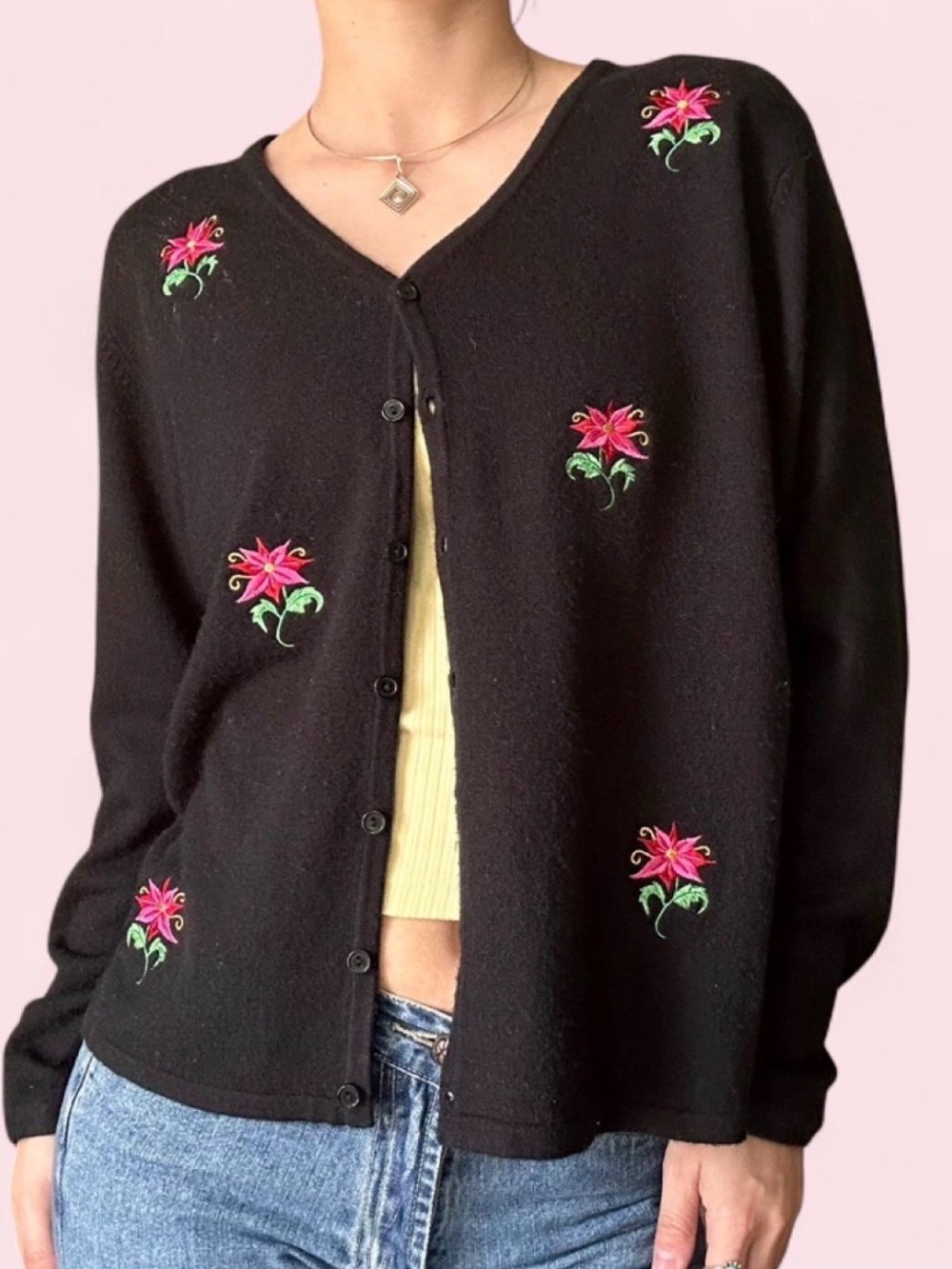 Black V-Neck Floral Embroidered Cardigan Sweater